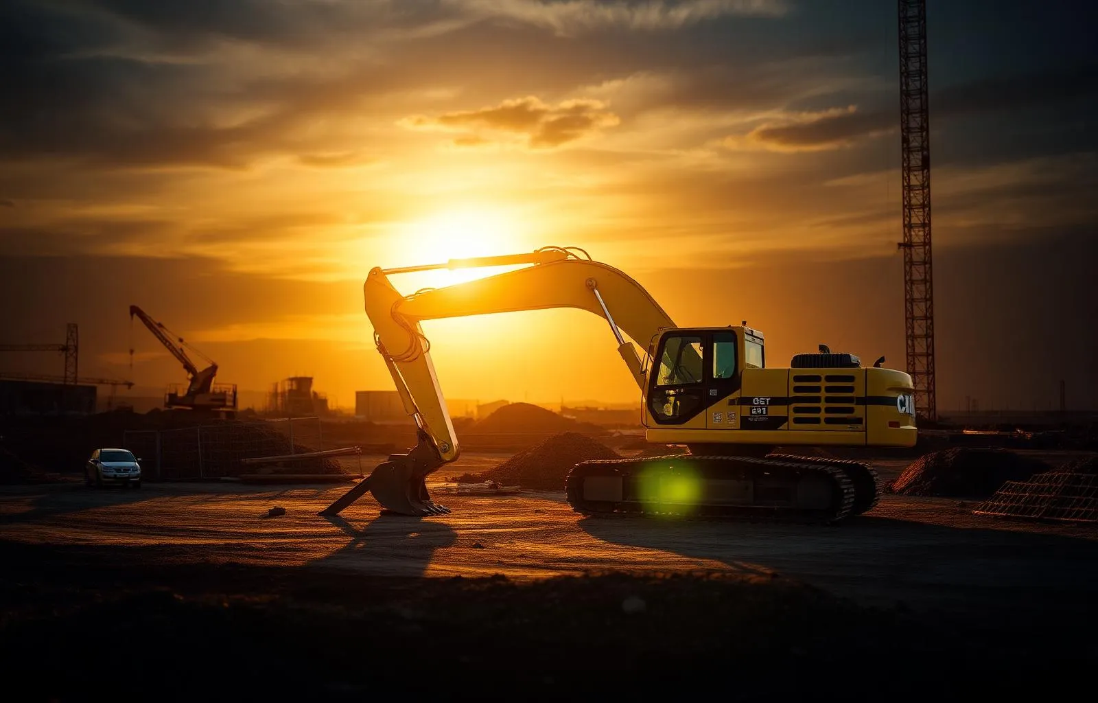 Excavator on a construction site at golden hour